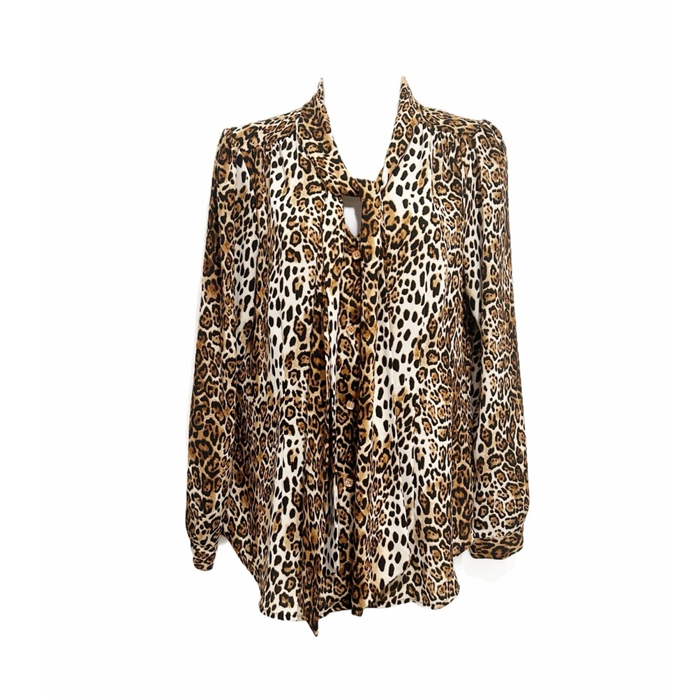 White House Black Market leopard print button up, tie- front blouse. Size 6.
